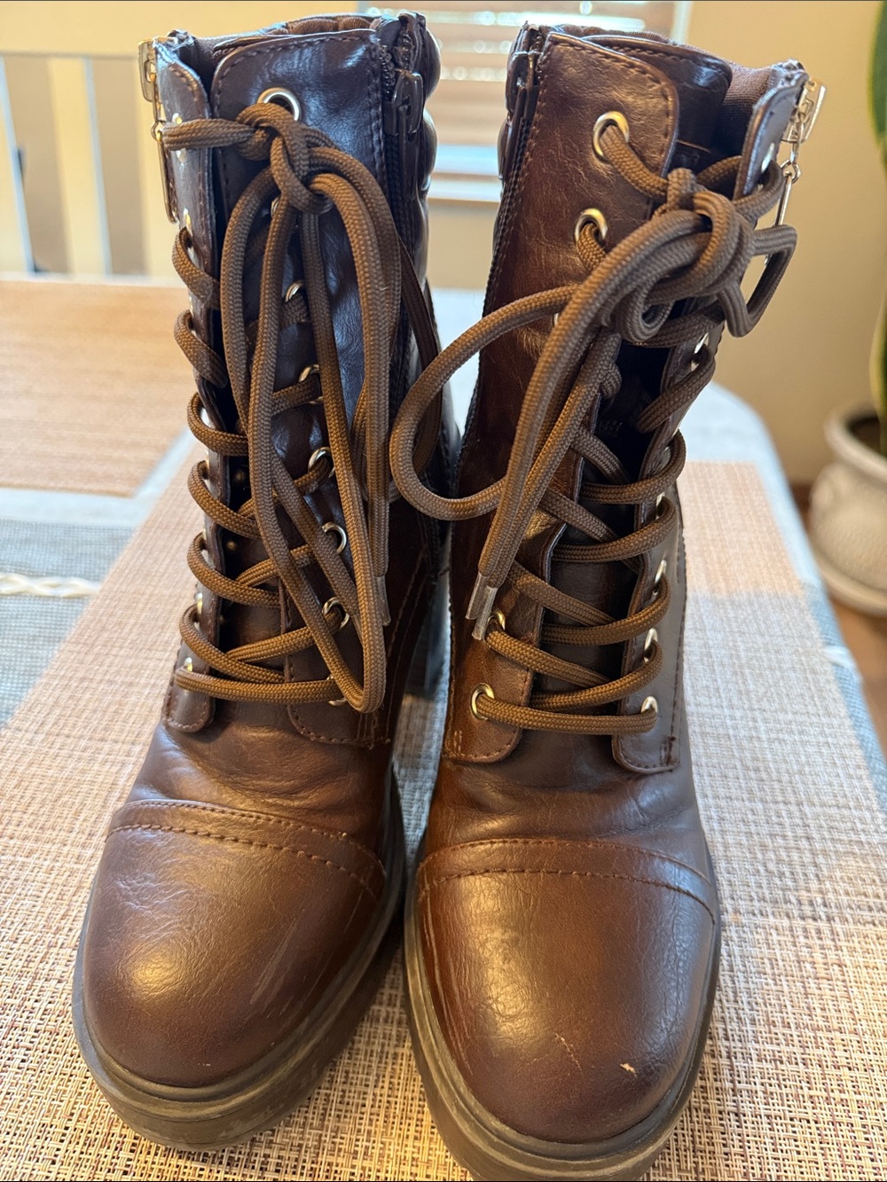 GBG Los Angeles Brown Lace-Up Combat Boots with Side Zipper